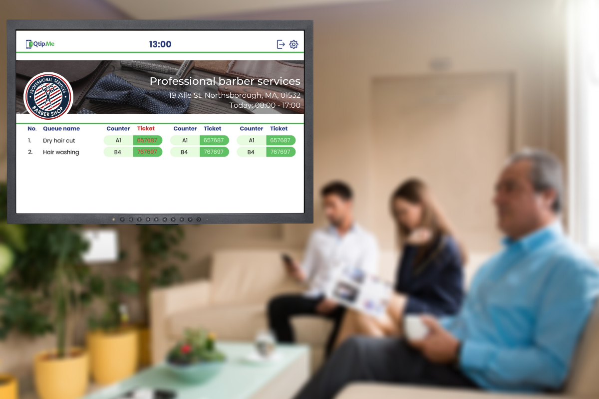 qtip.me announcement display app with a picture of people sitting in a waiting room in the background